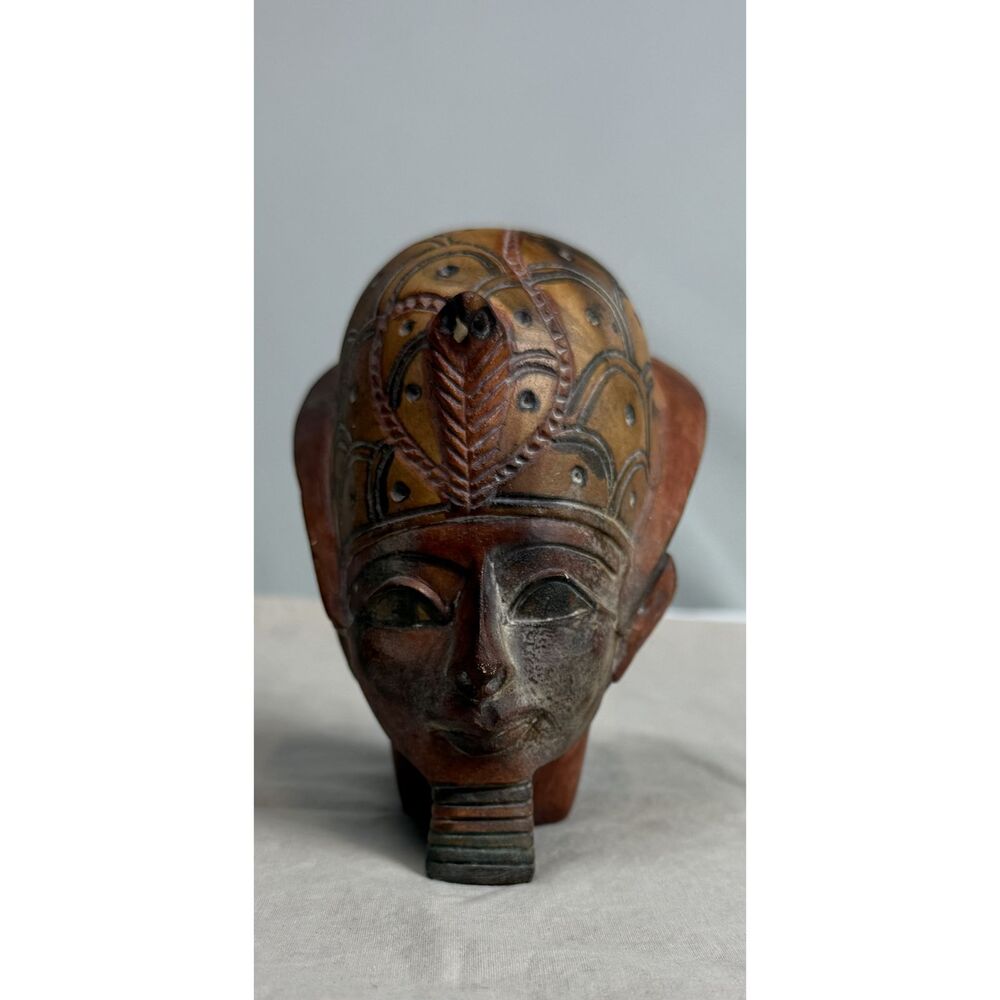 Egyptian Pharaoh Bust Figurine Hand Painted Hieroglyphic Ankh Statue 5"